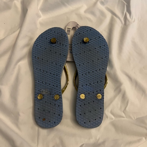 Showaflops Blue and Gold Flip Flops Sz 9/10 EUC - Picture 2 of 3